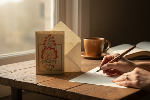 House of Nepal Geschenkkarte aus handgefertigtem Lokta-Papier mit Blumenmuster in Rot und Blau, passend für Grusskarten.