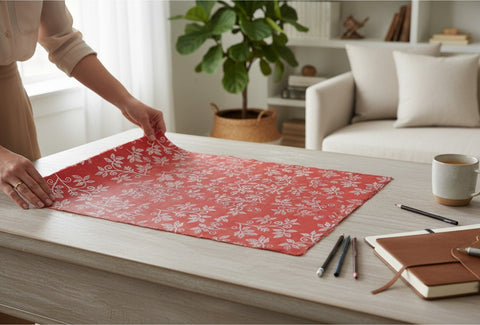 House of Nepal Lokta-Geschenkpapier: Rotes Papier mit silbernem Blumenmuster, handgefertigt, 75x49cm.