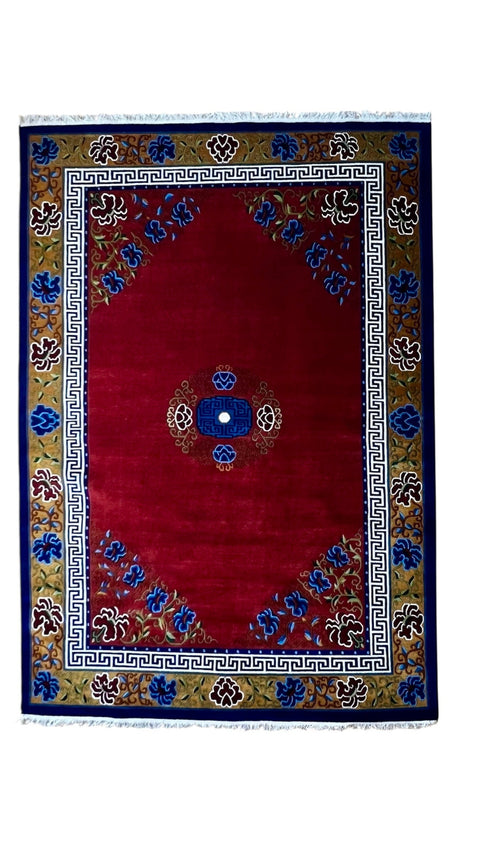 House of Nepal Nepalesischer Mandala Teppich 183x274 cm, handgeknüpft aus tibetischer Wolle, mit Blumenmuster in Rot, Blau und Burgund