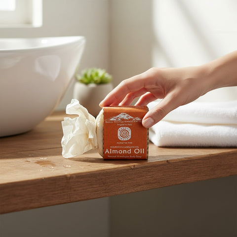 House of Nepal Himalaya Almond Oil Körperseife, handgefertigt mit Bio-Kräutern und Mandelöl für feuchtigkeitsausgleichende Pflege.