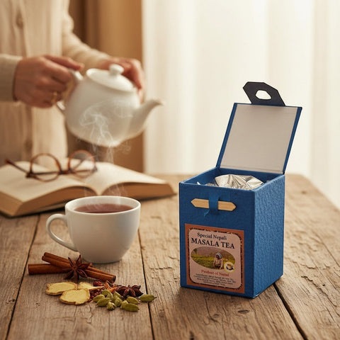 House of Nepal Special Masala Tea in a blue Lokta paper box with spices, a cup of tea, and an open book.