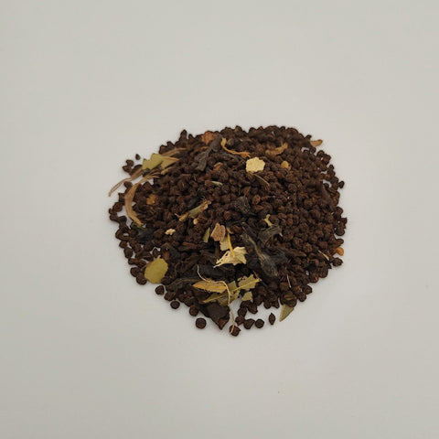House of Nepal loose leaf Masala tea blend with black tea, cinnamon, ginger, cardamom, cloves, anise, bay leaves, and licorice root.