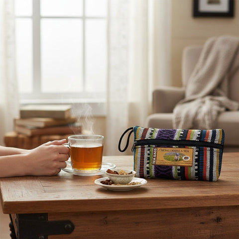 House of Nepal Nepali Masala Tea in a colourful woven pouch with 25 tea bags, served with a steaming cup of tea.