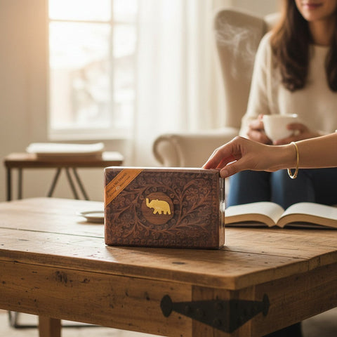 House of Nepal wooden box of 25 Masala tea bags with elephant motif, a woman holds a cup of tea in the background.