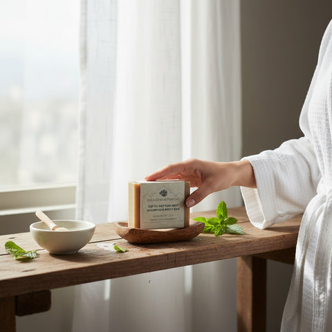 House of Nepal Minz Seife, eine natürliche Shampoo- und Körperseife in Bernsteinfarbe mit Minzblättern und einer kleinen Schale daneben.