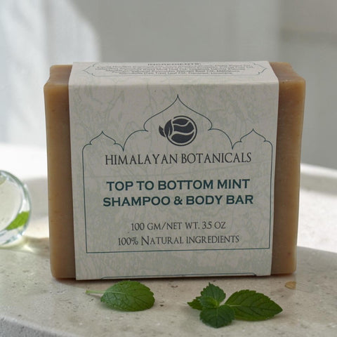 House of Nepal Top to Bottom Minz Seife, eine natürliche Shampoo- und Körperseife mit kühlendem Minzaroma und Henna für fettige Haut und Kopfhaut.
