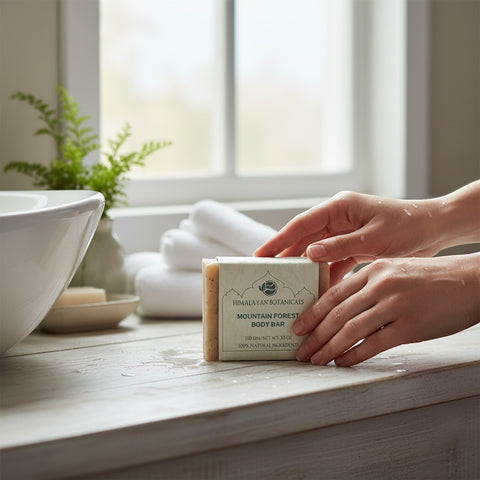 House of Nepal Mountain Forest Body Bar, eine Peelingseife mit Brennnessel und ätherischen Ölen, die die Haut revitalisiert und verfeinert.