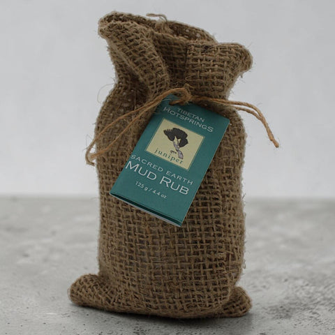 House of Nepal Sacred Earth Mud Rub with juniper oil in a burlap sack, 125g.