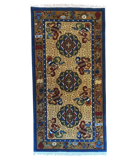 House of Nepal Nepalesischer Läufer 90x190cm, handgeknüpft aus tibetischer Schafwolle, mit Blumenmuster in Blau, Goldgelb, Rot und Grün.