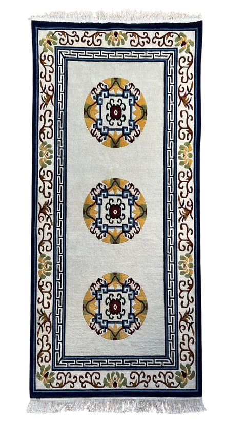 House of Nepal nepalesischer Läufer 90x190cm, cremefarben mit Mandala-Muster in Blau, Braun, Grün, aus 100% tibetischer Schafwolle