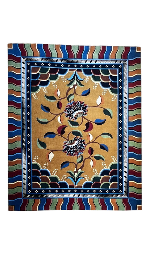 House of Nepal Nepalesischer Teppich 200x250cm aus tibetischer Schafwolle mit Blumenmuster in Ocker und Blau