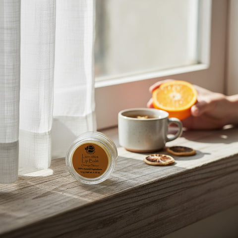 House of Nepal orange lip balm in a clear jar with an orange label, next to a mug of tea and dried orange slices.