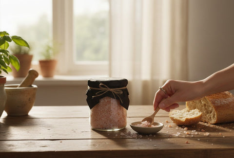 House of Nepal pink Himalayan salt crystals in a glass jar, 200g, coarse grain, ideal for cooking or baths.