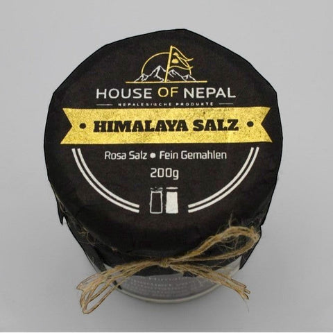 House of Nepal pink fine Himalayan salt, 200g jar, natural mineral salt for cooking and bathing.