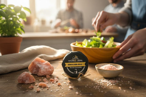 House of Nepal fine pink Himalayan salt in a 40g package, with raw salt crystals and a bowl of salt on a wooden table.