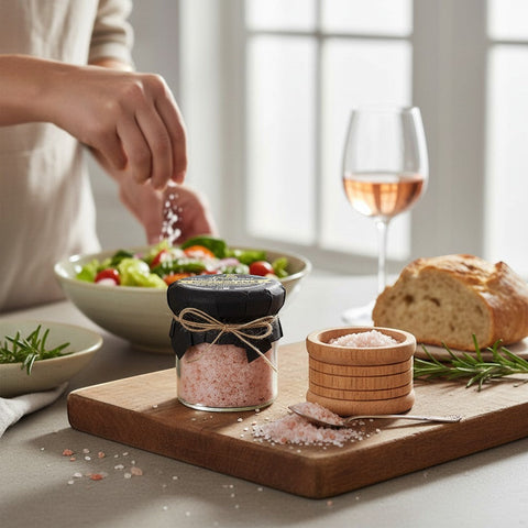 House of Nepal fine pink Himalayan salt in a glass jar with a wooden salt cellar and a spoon on a wooden board, next to a salad and bread.