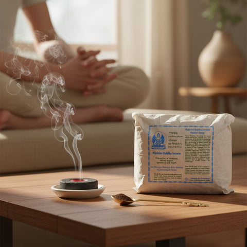 House of Nepal Räucherpulver Buddha Medizin aus Nepal, 100g, mit Sandelholz und Kräutern, in Lokta-Papier verpackt.