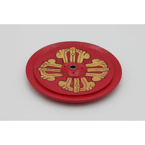 House of Nepal roter Räucherstäbchenhalter aus Haluholz mit goldenem Dorje-Symbol, 1x9 cm