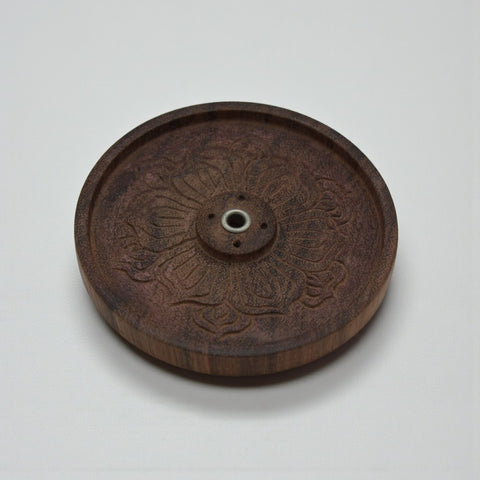 House of Nepal Räucherstäbchenhalter aus dunklem Holz mit Blumen-Mandala-Muster, 9 cm