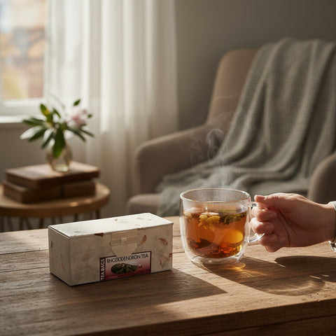 House of Nepal Himalayan Rhododendron tea box and a steaming cup of floral black tea with rhododendron petals.