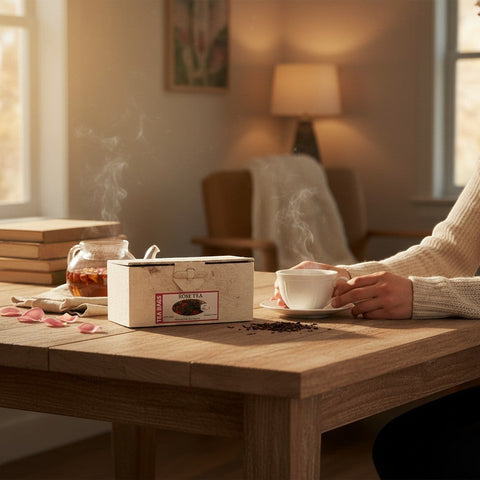 House of Nepal Rose Tea box with 25 tea bags, made from Lokta paper, on a wooden table with a steaming cup of tea.