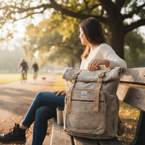 House of Nepal Rucksack aus Hanf und Baumwolle in Grau/Beige, handgefertigt in Nepal, mit Laptopfach und Seitentaschen.