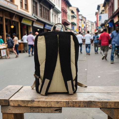House of Nepal Rucksack aus schwarzem Hanf mit beigen Akzenten, gepolstertem Rückenteil und verstellbaren Trägern.