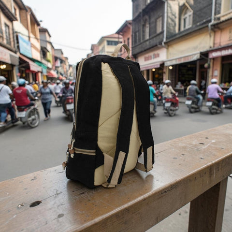 House of Nepal Rucksack aus Hanf in Schwarz und Beige, mit Laptopfach und Fronttasche, handgefertigt.