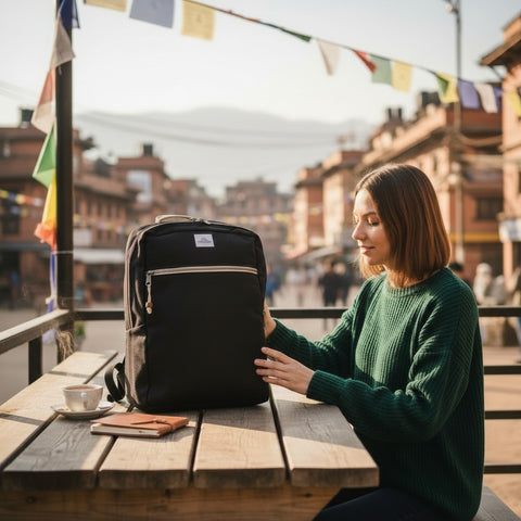 House of Nepal Rucksack aus schwarzem Hanf mit Laptopfach, ideal für Pendler und Reisen.