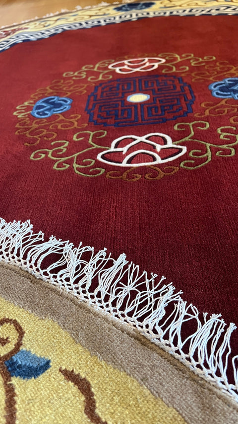 House of Nepal runder Teppich aus tibetischer Schafwolle mit traditionellem Muster und Fransen, 200cm Durchmesser