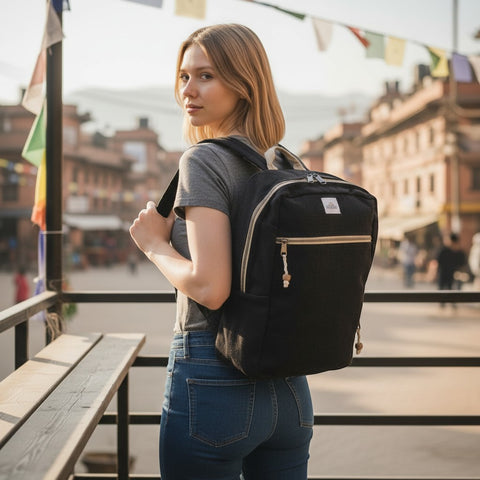 House of Nepal Rucksack aus schwarzem Hanf mit Laptopfach und Fronttasche, getragen von einer Frau in Jeans und grauem T-Shirt.