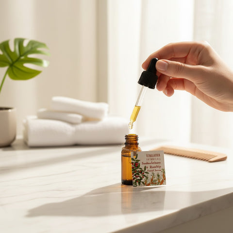 House of Nepal Sanddorn & Hagebutte Facial Serum in amber glass bottle with dropper, promoting a natural glow.