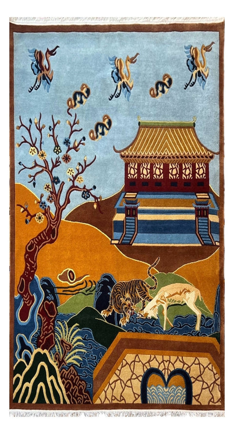 House of Nepal handgeknüpfter tibetischer Schafwollteppich 120x190 cm mit asiatischem Palast, Baum und Tieren