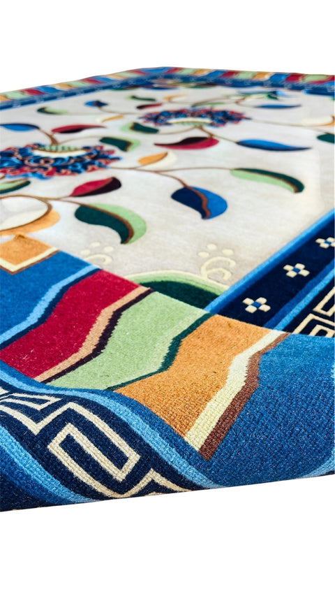 House of Nepal Teppich mit Blumenmuster und geometrischem Rand, 200x250 cm, aus tibetischer Schafwolle, beige.