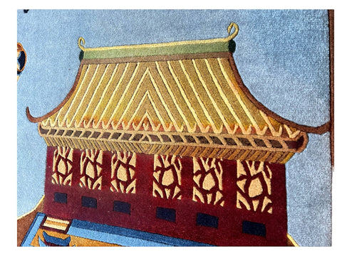 House of Nepal handgeknüpfter Teppich aus tibetischer Schafwolle, 120x190 cm, mit detailreicher Darstellung eines traditionellen Gebäudes in Rot und Gold