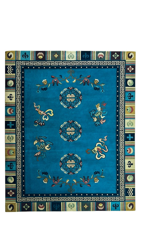 House of Nepal tibetischer Wollteppich 175x225 cm in Türkis mit zentralen Medaillons und Blumenmuster