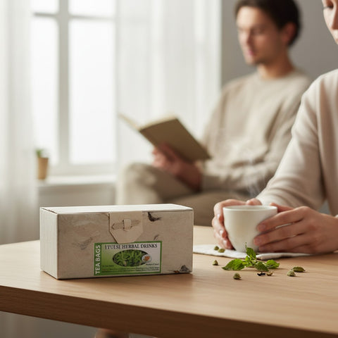 House of Nepal Tulsi Herbal Drinks box with 25 tea bags, featuring holy basil and mint, in a Lokta paper box, with a steaming cup of tea and cardamom pods on a wooden table.