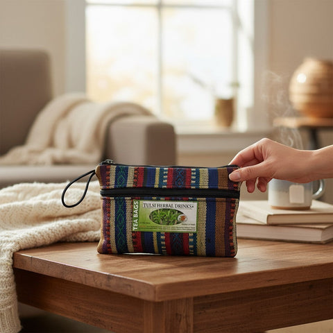 House of Nepal Tulsi Herbal Drinks tea bags in a colourful woven pouch on a wooden table with a steaming mug.