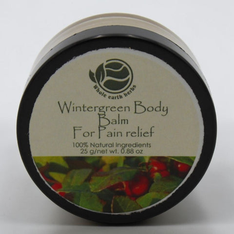 House of Nepal Wintergreen Body Balm for pain relief, 25g. Natural ingredients with wintergreen leaves and berries.
