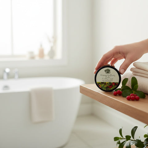 House of Nepal Wintergreen Body Balm for pain relief in a dark jar with a label showing wintergreen leaves and berries.