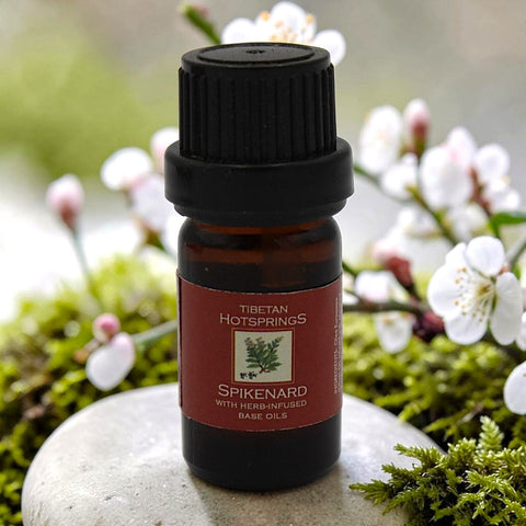 House of Nepal Spikenard essential oil in amber glass bottle with black cap and red label.