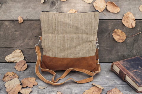 House of Nepal beige woven nettle and brown leather foldover crossbody bag with adjustable strap