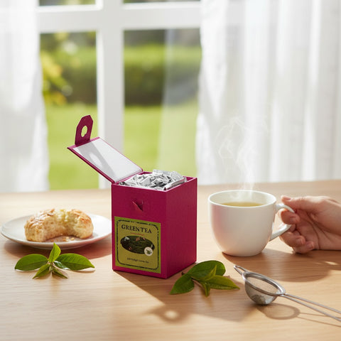 House of Nepal magenta Lokta paper box filled with 50g loose green tea, next to a steaming cup of tea and a scone.