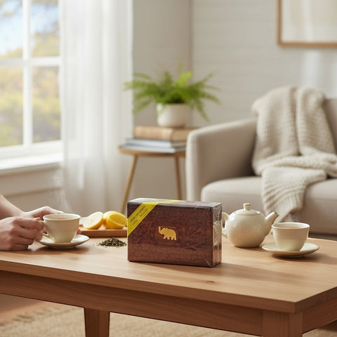 House of Nepal wooden box of 25 lemongrass black tea bags with Ilam tea and lemon notes, on a coffee table.