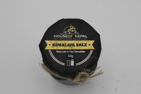 House of Nepal fine pink Himalayan salt, 40g, unrefined and mineral-rich, ideal for seasoning or bath.