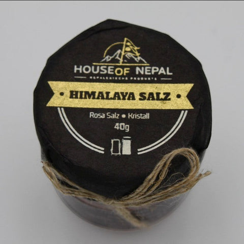 House of Nepal pink Himalayan salt, coarse crystals, 40g jar with jute twine.