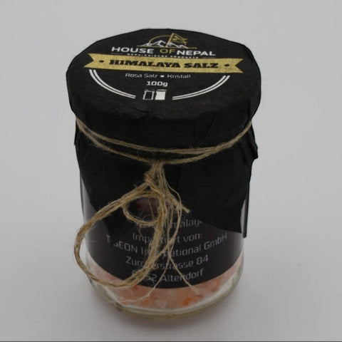 House of Nepal pink Himalayan salt crystals in a glass jar, 100g, coarse grain, natural and pure.