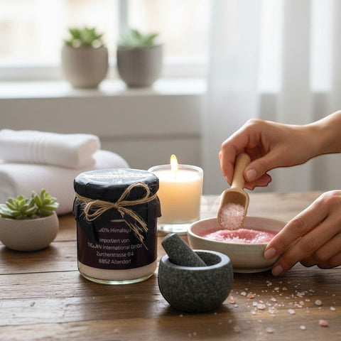 House of Nepal fine pink Himalayan salt in a jar, with a wooden scoop adding salt to a bowl for a spa treatment.