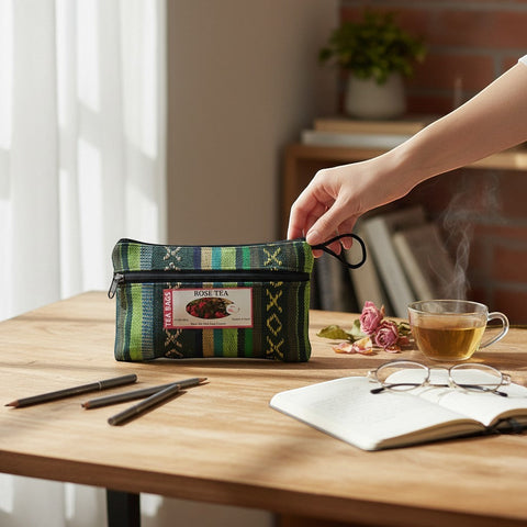 House of Nepal rose tea in a green, blue, and yellow striped woven pouch with a black zipper. A hand is opening the pouch.